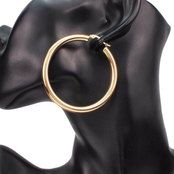 NEW 18K Yellow Gold Round 2'' Tube Hoop Earrings - Picture 7 of 9